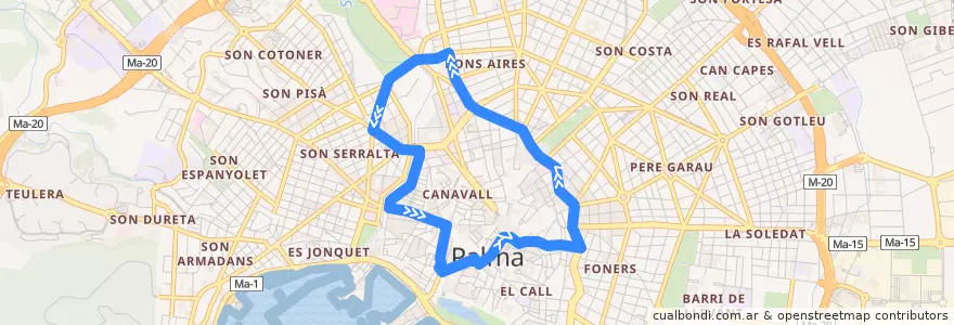 Mapa del recorrido Bus 2: Balanguera, 27 → Passeig Mallorca → Plaça de la Reina → Plaça d'en Coll → Plaça d'Espanya → General Riera → Balanguera, 27 de la línea  en پالما.