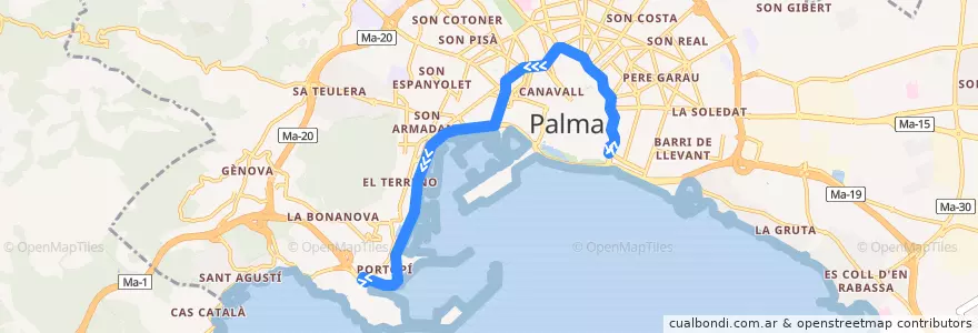 Mapa del recorrido Bus 41: N1 Nitbus: Porta d'es Camp → Portopí de la línea  en Palma.