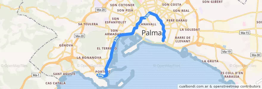 Mapa del recorrido Bus 41: N1 Nitbus: Rotonda de Portopí → Porta des Camp de la línea  en Palma.