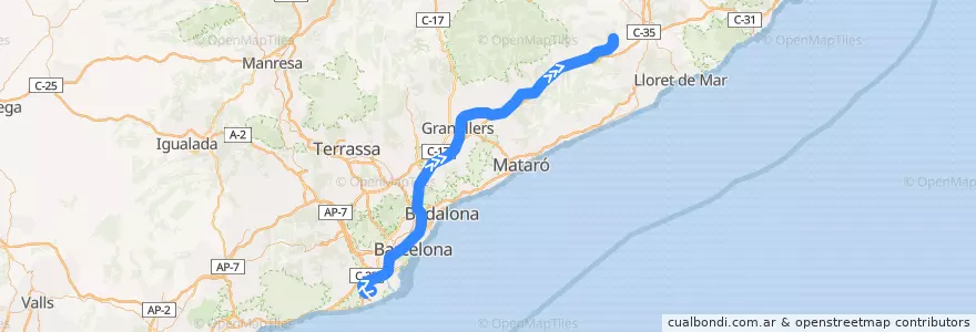 Mapa del recorrido R2Nord: Aeroport - Maçanet Massanes per Granollers Centre de la línea  en Барселона.