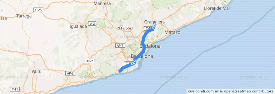 Mapa del recorrido R2: Granollers Centre - Castelldefels de la línea  en Barcelona.