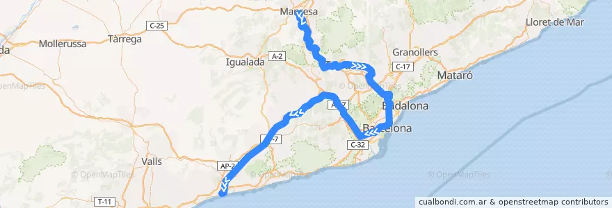 Mapa del recorrido R4: Manresa - Sant Vicenç de Calders via Vilafranca del Penedès de la línea  en Barcelona.
