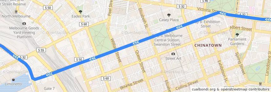 Mapa del recorrido Tram 30: St Vincent's Plaza => Central Pier de la línea  en City of Melbourne.