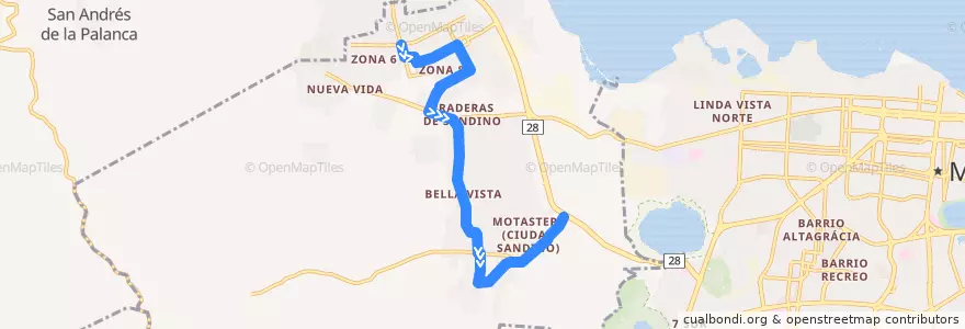 Mapa del recorrido Ruta 125 (CS): Mercadito (Ciudad Sandino) -> Altos de Motastepe de la línea  en Ciudad Sandino (Municipio).
