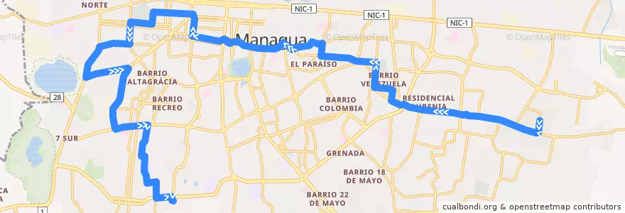 Mapa del recorrido Ruta 175: Laureles Norte -> Memorial Sandino de la línea  en Managua (Municipio).