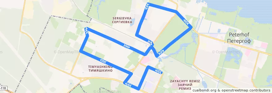 Mapa del recorrido Автобус № 356Ш: Университетский проспект => ж/д станция Старый Петергоф de la línea  en Peterhof.