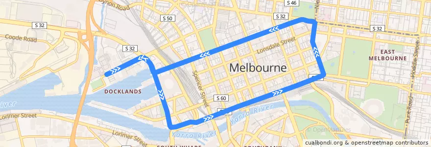 Mapa del recorrido Tram 35: Waterfront City => Flinders Street => La Trobe Street => Waterfront City de la línea  en City of Melbourne.