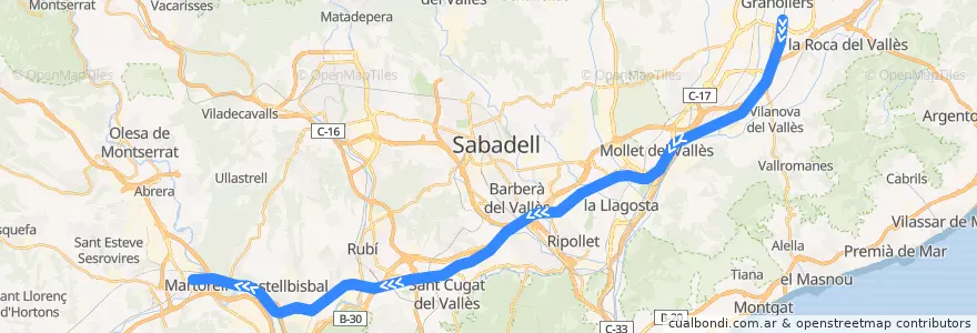 Mapa del recorrido R8: Granollers Centre - Martorell de la línea  en Barcelona.