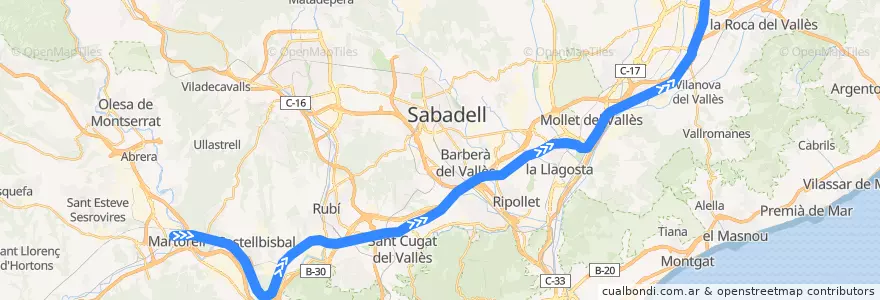 Mapa del recorrido R8: Martorell - Granollers Centre de la línea  en Barcelona.