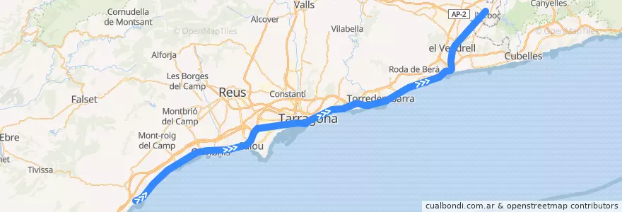 Mapa del recorrido RT2: L'Hospitalet de l'Infant - L'Arboç de la línea  en Tarragona.