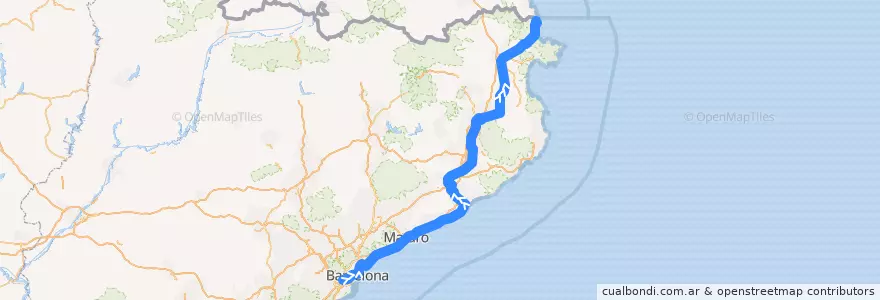 Mapa del recorrido RG1: L'Hospitalet de Llobregat - Portbou de la línea  en Catalonië.