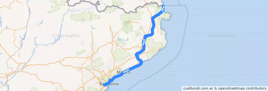 Mapa del recorrido RG1: Portbou - L'Hospitalet de Llobregat de la línea  en Catalonië.