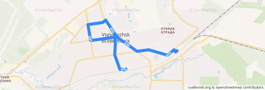 Mapa del recorrido Автобус № 9: платформа Всеволожская => станция Мельничный Ручей de la línea  en Город Всеволожск.