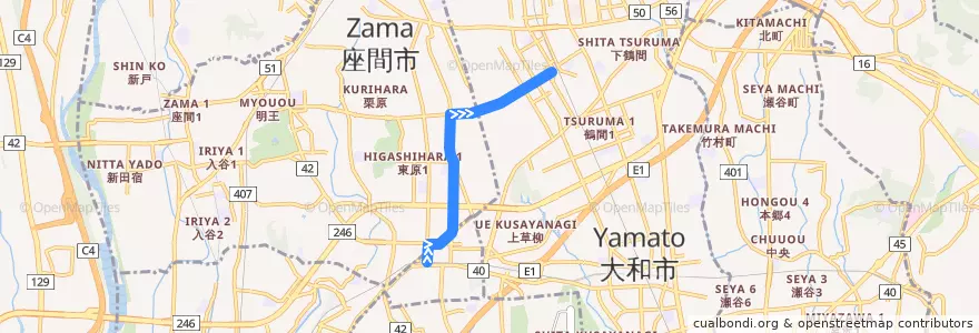 Mapa del recorrido 綾75 南林間駅 de la línea  en Prefectura de Kanagawa.