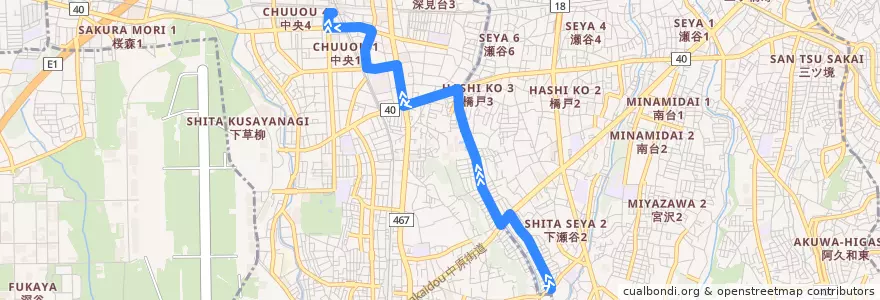 Mapa del recorrido 綾1 大和駅 de la línea  en 大和市.