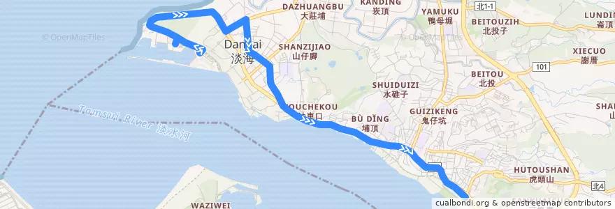 Mapa del recorrido 新北市 紅26 漁人碼頭-捷運淡水站 (往程) de la línea  en 淡水區.