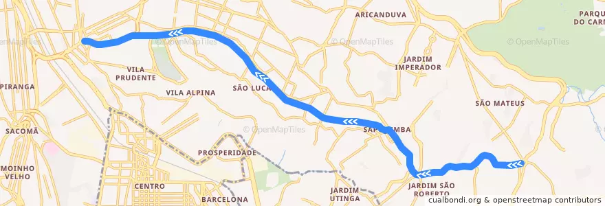 Mapa del recorrido Linha 15 - Prata: São Mateus → Vila Prudente de la línea  en São Paulo.