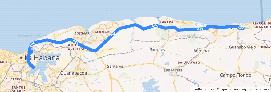 Mapa del recorrido Ruta A40 Guanabo => Habana Vieja de la línea  en Habana del Este.