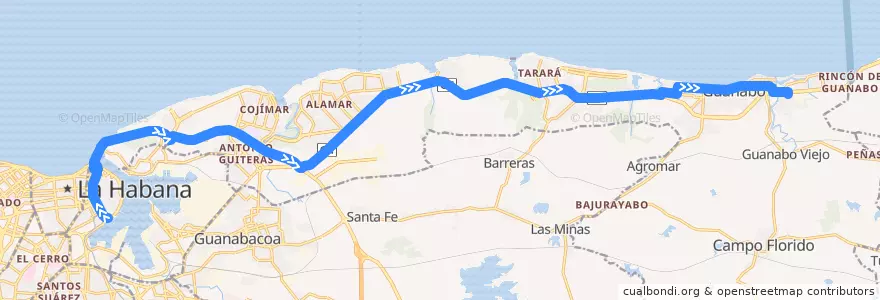 Mapa del recorrido Ruta A40 Habana Vieja => Guanabo de la línea  en Habana del Este.