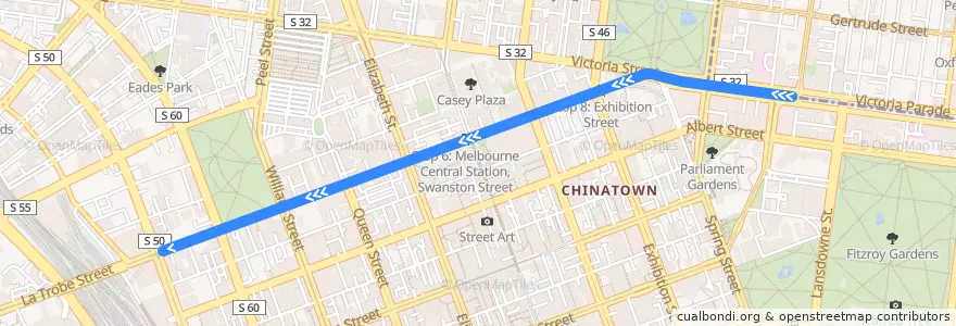 Mapa del recorrido Tram 30d: St Vincent's Plaza => Southbank Depot (Spencer & La Trobe Streets) de la línea  en City of Melbourne.