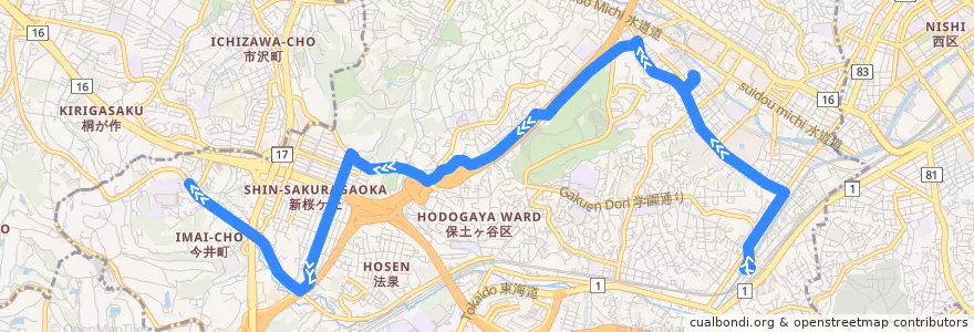 Mapa del recorrido 浜45 保土ヶ谷駅西口→美立橋 de la línea  en Hodogaya Ward.