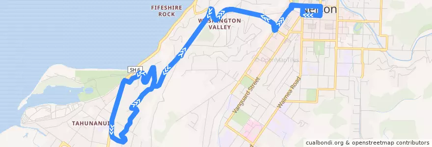 Mapa del recorrido Nelson - Washington Valley - Tahunanui de la línea  en ネルソン.