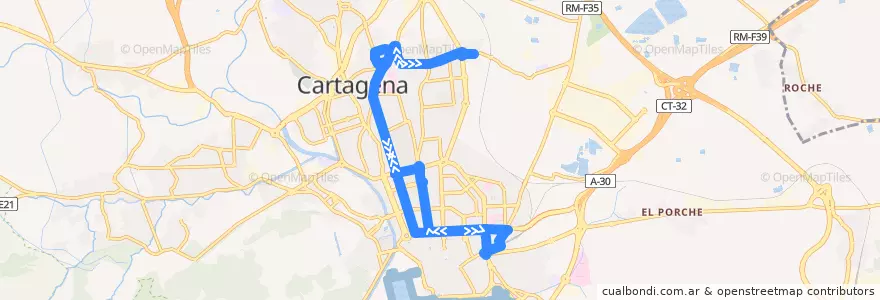 Mapa del recorrido Calle Capitanes Ripoll - Casas de Clares de la línea  en Cartagena.