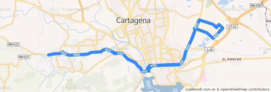 Mapa del recorrido Parque Mediterráneo - Canteras de la línea  en Cartagena.