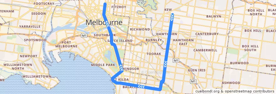 Mapa del recorrido Tram 16: Kew => Melbourne University de la línea  en Victoria.