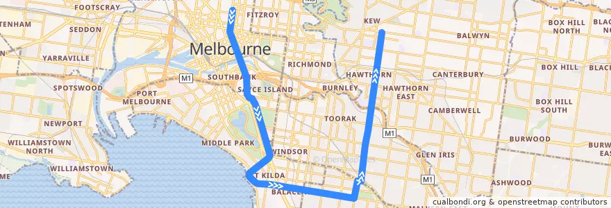 Mapa del recorrido Tram 16: Melbourne University => Kew de la línea  en ولاية فيكتوريا.
