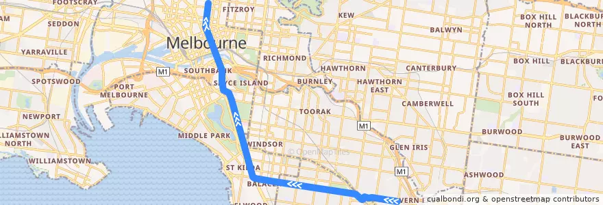 Mapa del recorrido Tram 3: East Malvern => Melbourne University de la línea  en ولاية فيكتوريا.