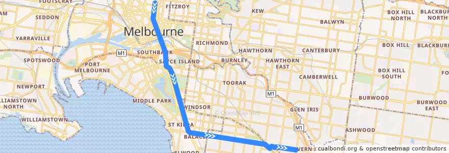 Mapa del recorrido Tram 3: Melbourne University => East Malvern de la línea  en ولاية فيكتوريا.