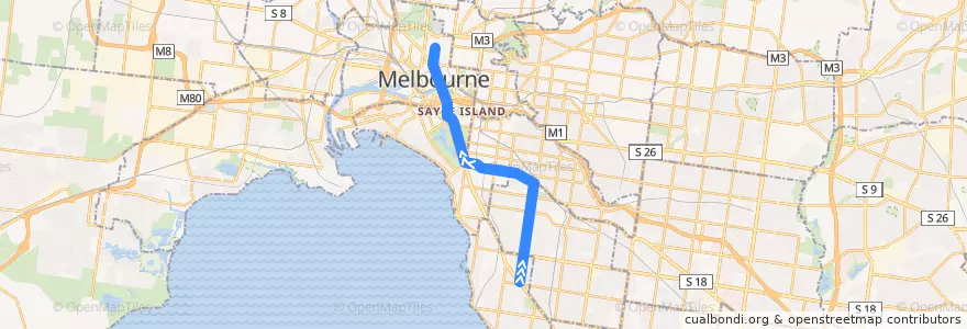 Mapa del recorrido Tram 64: East Brighton => Melbourne University de la línea  en ولاية فيكتوريا.
