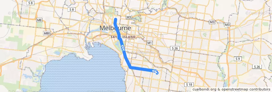 Mapa del recorrido Tram 67: Carnegie => Melbourne University de la línea  en ولاية فيكتوريا.