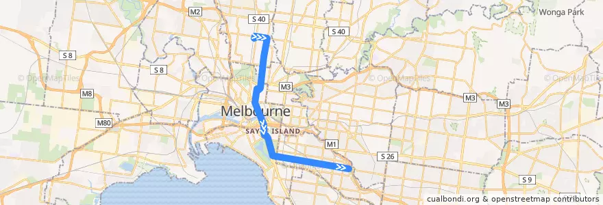 Mapa del recorrido Tram 6: Moreland railway station => Glen Iris de la línea  en Victoria.