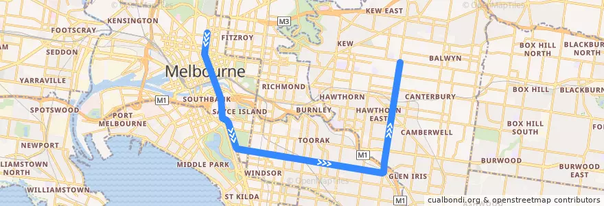 Mapa del recorrido Tram 72: Melbourne University => Camberwell de la línea  en ولاية فيكتوريا.