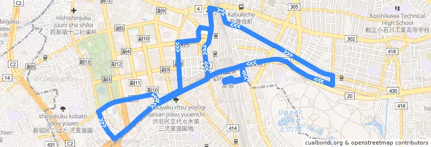 Mapa del recorrido 新宿御苑ルート de la línea  en 新宿区.