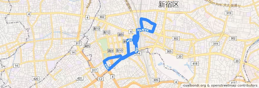 Mapa del recorrido 歌舞伎町ルート de la línea  en 新宿区/新宿區.