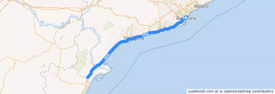 Mapa del recorrido R16: Barcelona Estació de França - Ulldecona - Alcanar - La Sènia de la línea  en Catalunya.