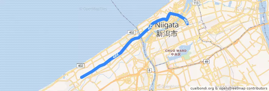 Mapa del recorrido 西小針線　新潟駅前→西小針→新潟大学→内野営業所 de la línea  en 新潟市.