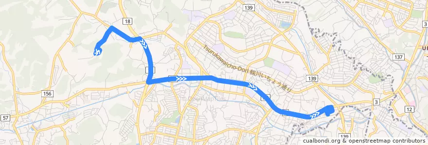 Mapa del recorrido 鶴川駅～野津田公園 de la línea  en 町田市.