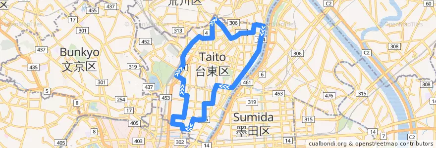 Mapa del recorrido ぐるーりめぐりん de la línea  en Tokyo.