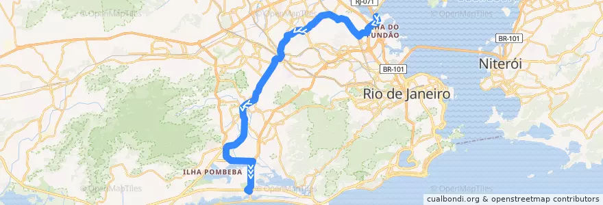 Mapa del recorrido BRT 38 - Fundão → Alvorada de la línea  en Rio de Janeiro.
