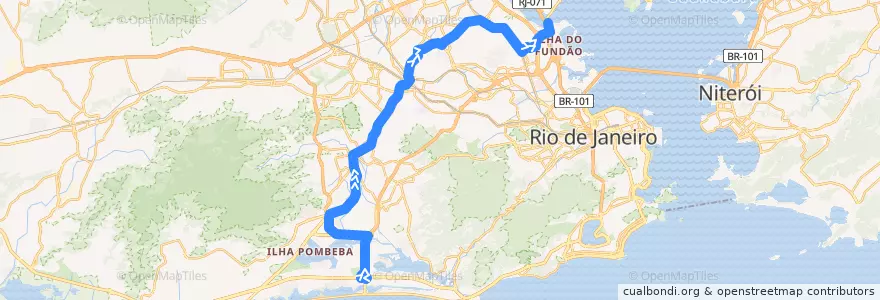 Mapa del recorrido BRT 38 - Alvorada → Fundão de la línea  en Rio de Janeiro.