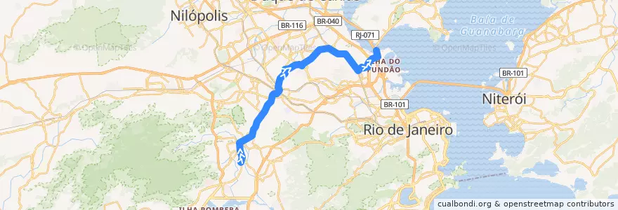 Mapa del recorrido BRT 42 - Divina Providência → Fundão de la línea  en Rio de Janeiro.