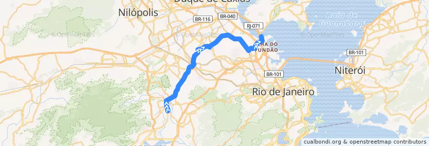 Mapa del recorrido BRT 43 - Santa Efigênia → Fundão de la línea  en Rio de Janeiro.