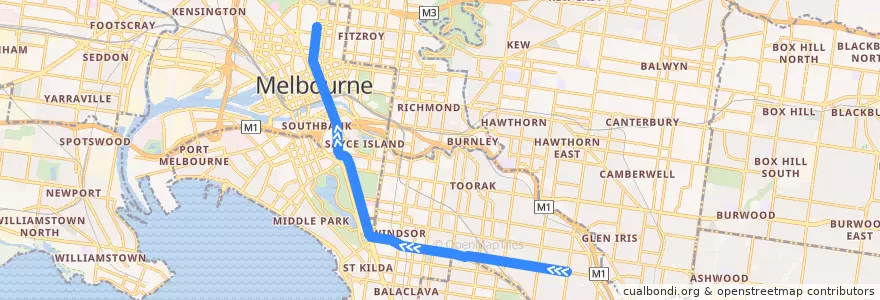 Mapa del recorrido Tram 5: Malvern => Melbourne University de la línea  en ولاية فيكتوريا.
