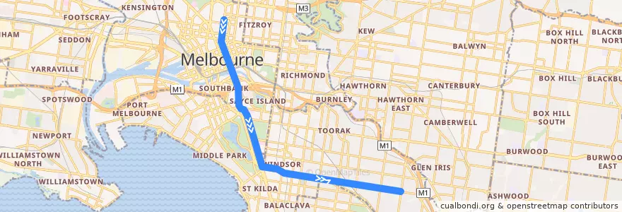 Mapa del recorrido Tram 5: Melbourne University => Malvern de la línea  en ولاية فيكتوريا.