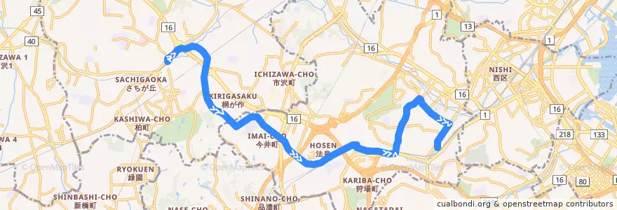 Mapa del recorrido 旭5 二俣川駅北口→岩崎町→保土ヶ谷駅西口 de la línea  en 横浜市.