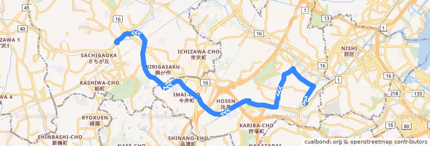 Mapa del recorrido 旭5 二俣川駅北口→岩崎町→保土ヶ谷駅西口 de la línea  en 요코하마시.